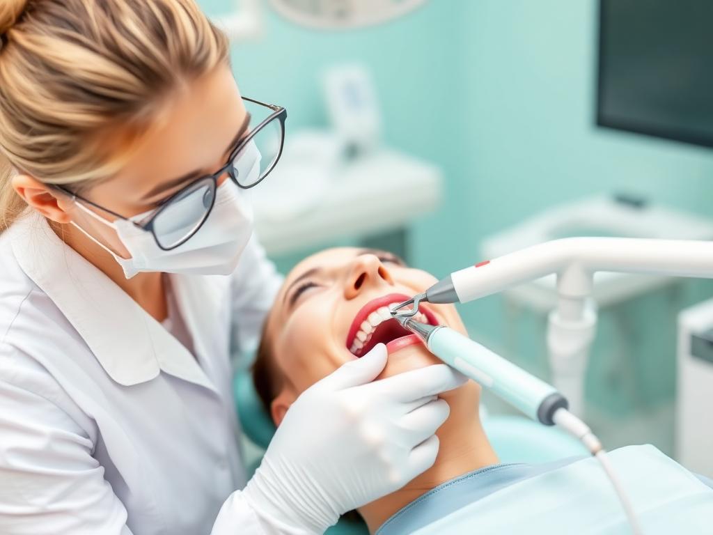 Profissional realizando limpeza e profilaxia dental em paciente