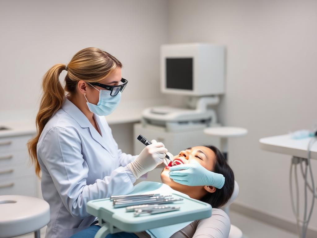 Dentista realizando pequena cirurgia oral em ambiente clínico