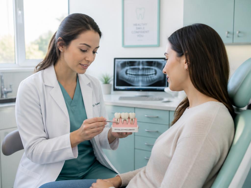 Dentista apresentando modelo de coroa e ponte para paciente